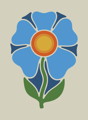 Vintage decorative blue flower graphic. Retro floral art inspired by stained glass and folk patterns. Isolated vector element for design.