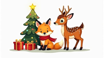 Fototapeta premium Sticker-style digital painting of fluffy fox cub in red scarf and curious fawn beside glowing present box and decorated Christmas tree, festive illustration for holiday cards or children's books