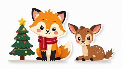 Sticker illustration of a fluffy fox cub in a red scarf standing near a decorated Christmas tree with a cute fawn, festive design for holiday greeting cards or children's products.