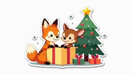 Sticker illustration of playful fox cub and curious fawn peeking into a big gift box beside a decorated Christmas tree, capturing festive joy for holiday greeting cards or children's books.