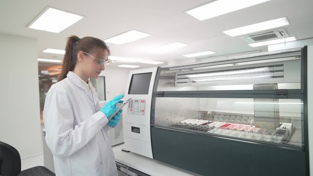 Female scientist looking trough the Integrated Staining and Coverslipping Workstation. That provides high-quality staining and superb glass coverslipping, with reliable equipment & optimized workflow