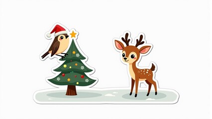 Sticker illustration of a cheerful robin in a Santa hat perched on a decorated Christmas tree beside a cute fawn in the snow, festive holiday design for greeting cards or decorations.