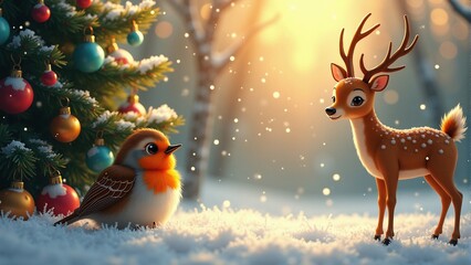Fototapeta premium Dreamy Christmas scene with fluffy robin and young deer by decorated fir tree, enchanting twilight atmosphere for festive decor or holiday storytelling.