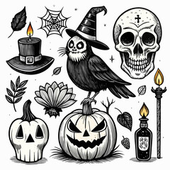 Obraz premium Spooky halloween collection featuring a witch crow skull pumpkins and candles