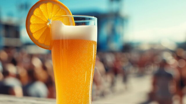 Glass of wheat beer with orange slice garnish on a wooden table at an outdoor music festival with a crowd in the background.