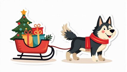 Sticker illustration of fluffy husky pulling sled with colorful presents and tiny Christmas tree, festive holiday scene for greeting cards or children's books.