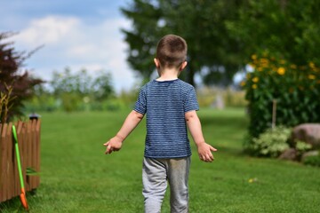 Little boy seen from behind in striped shirt walks on green countryside grass under blue sky. Peaceful rural childhood and freedom in nature.