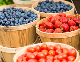Fresh berries and cherry tomatoes in wooden baskets