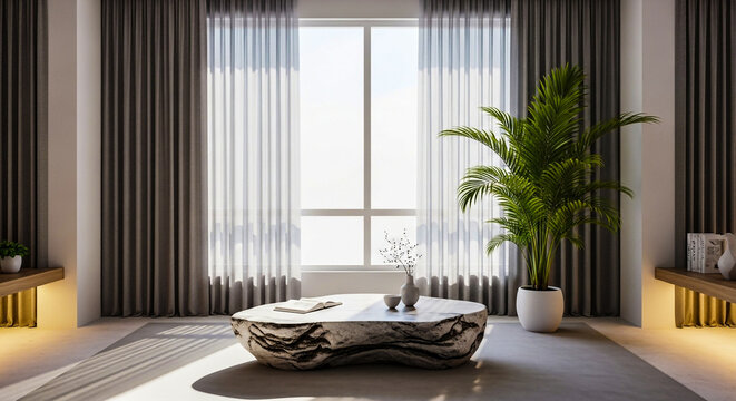 Modern living room design featuring stone coffee table and sheer curtains for home decor ideas