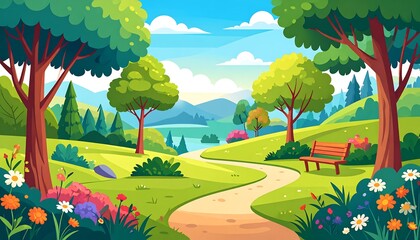 A scenic, cartoon park landscape