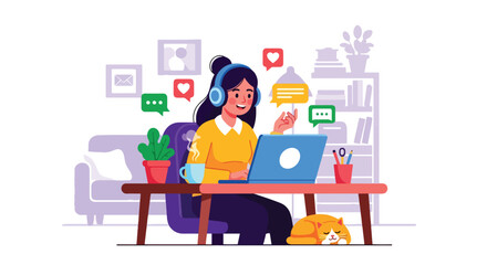 Colorful vector illustration of a young woman using a laptop with headphones at home, chatting online, surrounded by plants, coffee, and a cat, symbolizing digital communication and remote lifestyle