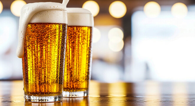 Refreshing beer glasses with foamy head on wooden bar top a perfect drink for happy hour time