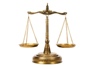 Antique brass justice scales of themis isolated on transparent background