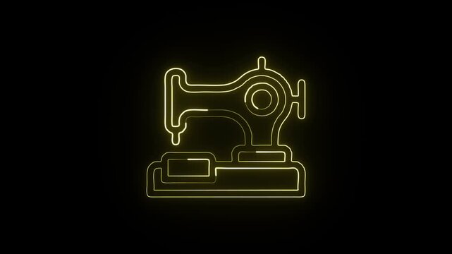 Glowing neon line sewing machine with thread animation. Sewing icon HD video isolated on black background.