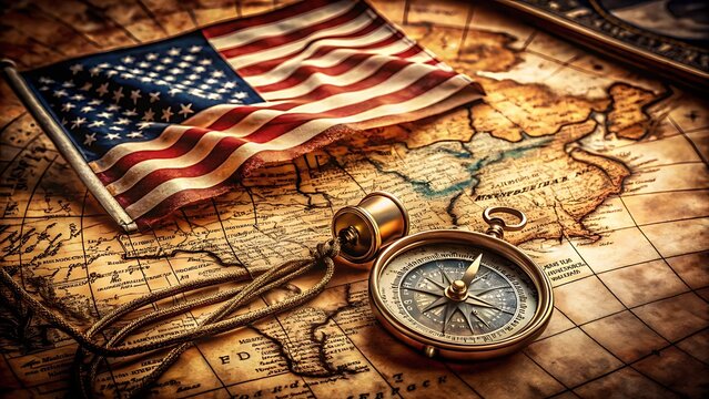 Vintage american flag and compass on world map for travel and exploration
