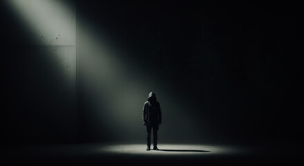 Solitary figure illuminated by dramatic spotlight on a dark stage