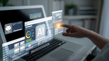 Fototapeta premium AI assistant with LLM, big data, machine learning, and generative AI powers prompt engineering and supports agentic AI for advanced business applications. Latch