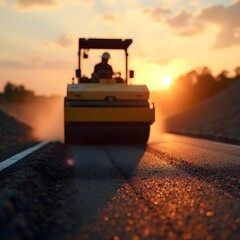 Freshly paved asphalt surface under pastel-colored sunset sky, with a road roller completing the final touches, symbolizing precision and progress.