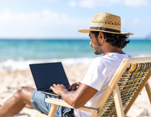 Fototapeta premium Remote Work: Man working on laptop while relaxing at the beach.