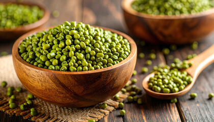 Mung beans in wooden bowls and spoon, on rustic wooden table.