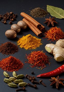 Variety of Spices and Herbs on Dark Background