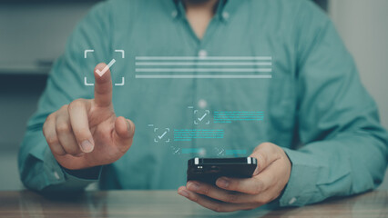 Businessman checking digital quality document control checklist and approving project with smartphone technology.