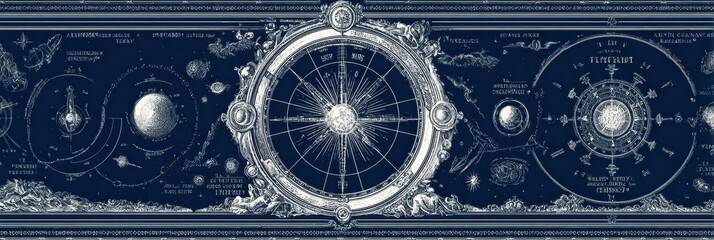 A detailed star map features celestial bodies, constellations, and orbits, illustrated on a deep blue background, showcasing astronomical knowledge.