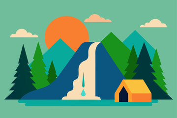 Vector landscape illustration with mountains, trees, and a house, with a vibrant summer sky