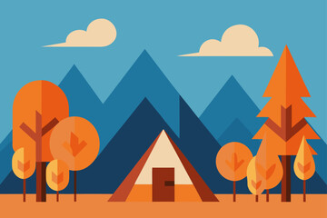 Naklejka premium A vibrant vector illustration of a mountain landscape with trees silhouetted against an orange sunset sky