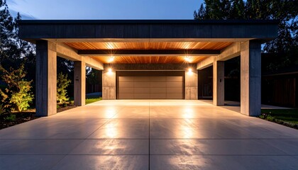 Modern Carport with Concrete Columns and Wooden Ceiling at Dusk