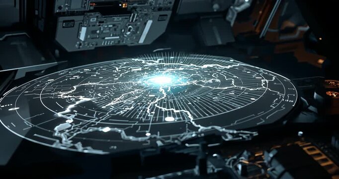 Activating console projecting circular holographic map lines revealing map data at ship bridge