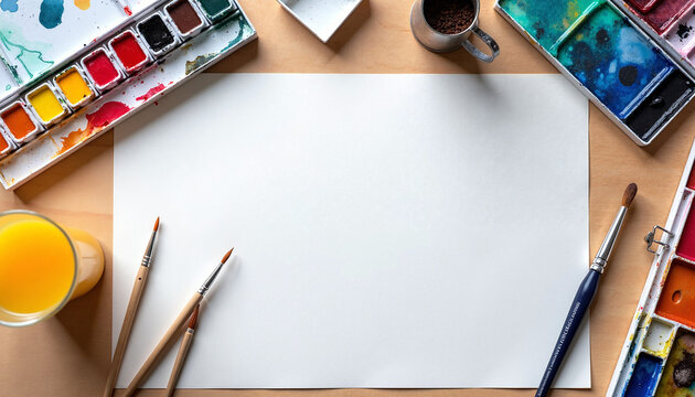 Art class school supplies lay flat on beige surface, ready for creativity. Art class school materials include watercolor paints, brushes, paper,