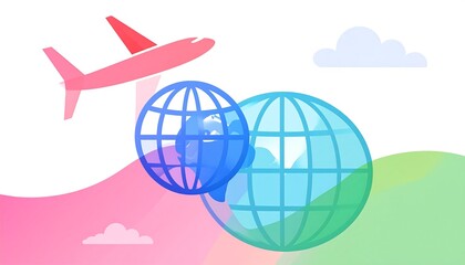 Fototapeta premium Vibrant graphic of a plane and globes over a colorful landscape
