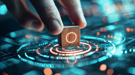 Close-Up of a Hand Placing a Wooden Cube on a Futuristic Digital Interface with Vibrant Colors