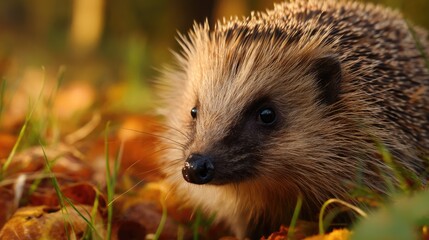 Naklejka premium Hedgehog in autumn leaf bed