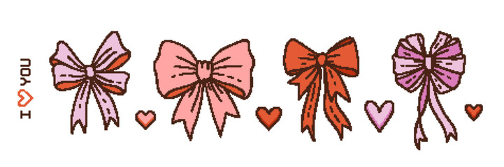 Coquette ribbon bow pixel art set, various bowknots, 80s, 90s, old arcade video game style, birthday or valentine s day decor, celebration, heart items for game, mobile app, vector illustration.