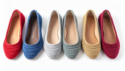 Six Colorful Fabric Woven Ballet Flat Shoes in Red Blue Silver Gold Green and Burgundy on White Background