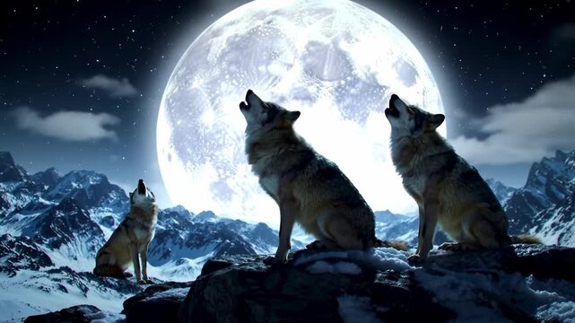 Wolves howling at moon, snowy mountains, night