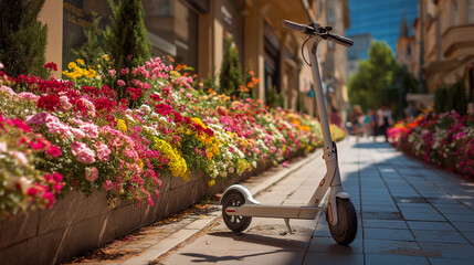 A sleek white electric scooter parked beside vibrant flowers, blending modern urban transport with natural beauty in a clean outdoor setting.