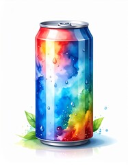 Fototapeta premium Refreshing Watercolor Beverage Can with Rainbow Spectrum and Leaf Accent on White Background