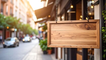 A blank, rectangular wooden sign hangs from a chain in front of a shop, with a blurred street scene and buildings in the background.