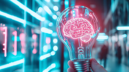 Close-Up of Glowing Light Bulb Featuring Neon Brain Design in Futuristic Urban Setting