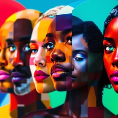 Diverse Faces Beauty Portrait Mosaic Bright Color Palette Concept
