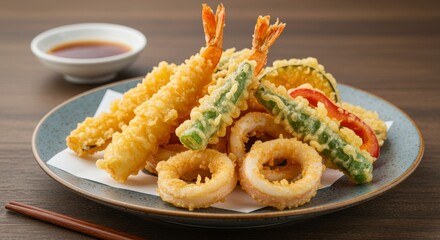 Japanese Tempura Platter with Shrimp, Squid, and Vegetables