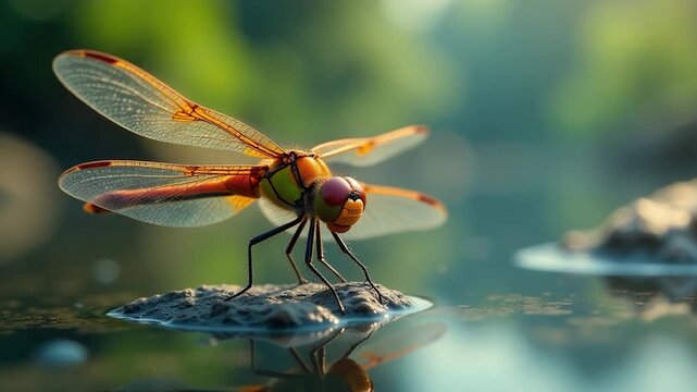 A dragonfly perched on a rock near the surface of the water, with sunlight reflecting off its body