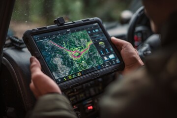 A person operates a tablet inside a vehicle, focusing on a detailed map with navigational data. The surroundings appear wooded and the sky is overcast, indicating potentially challenging conditions