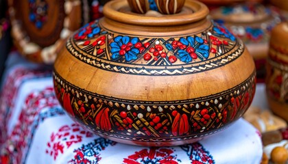 Ornate wooden bowl with painted floral designs