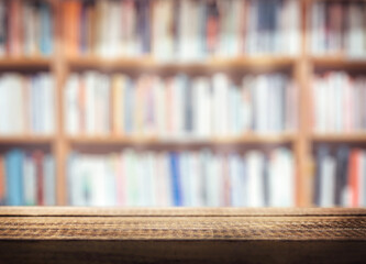 mixed background with wooden surface for product presentation on the background of a wall with bookshelves