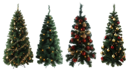 Four decorated christmas trees isolated on transparent background