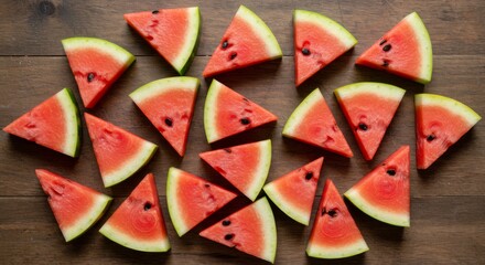 Red Watermelon Slices on Wooden Background
